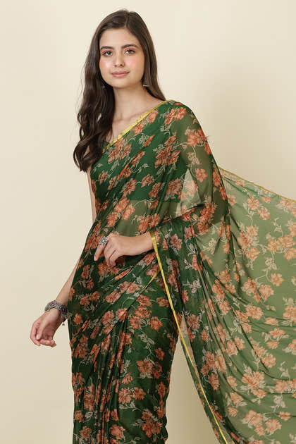 Green Zari Border & Floral Printed Chiffon Saree