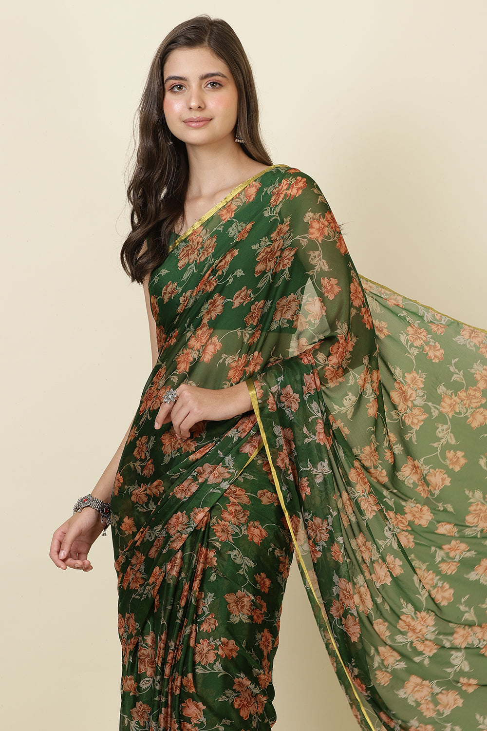Green Zari Border & Floral Printed Chiffon Saree