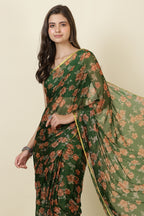 Green Zari Border & Floral Printed Chiffon Saree