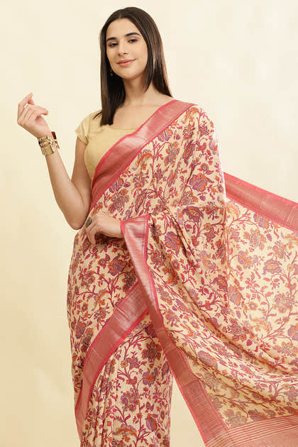 Beige & Pink Cotton Silk Floral Printed Saree