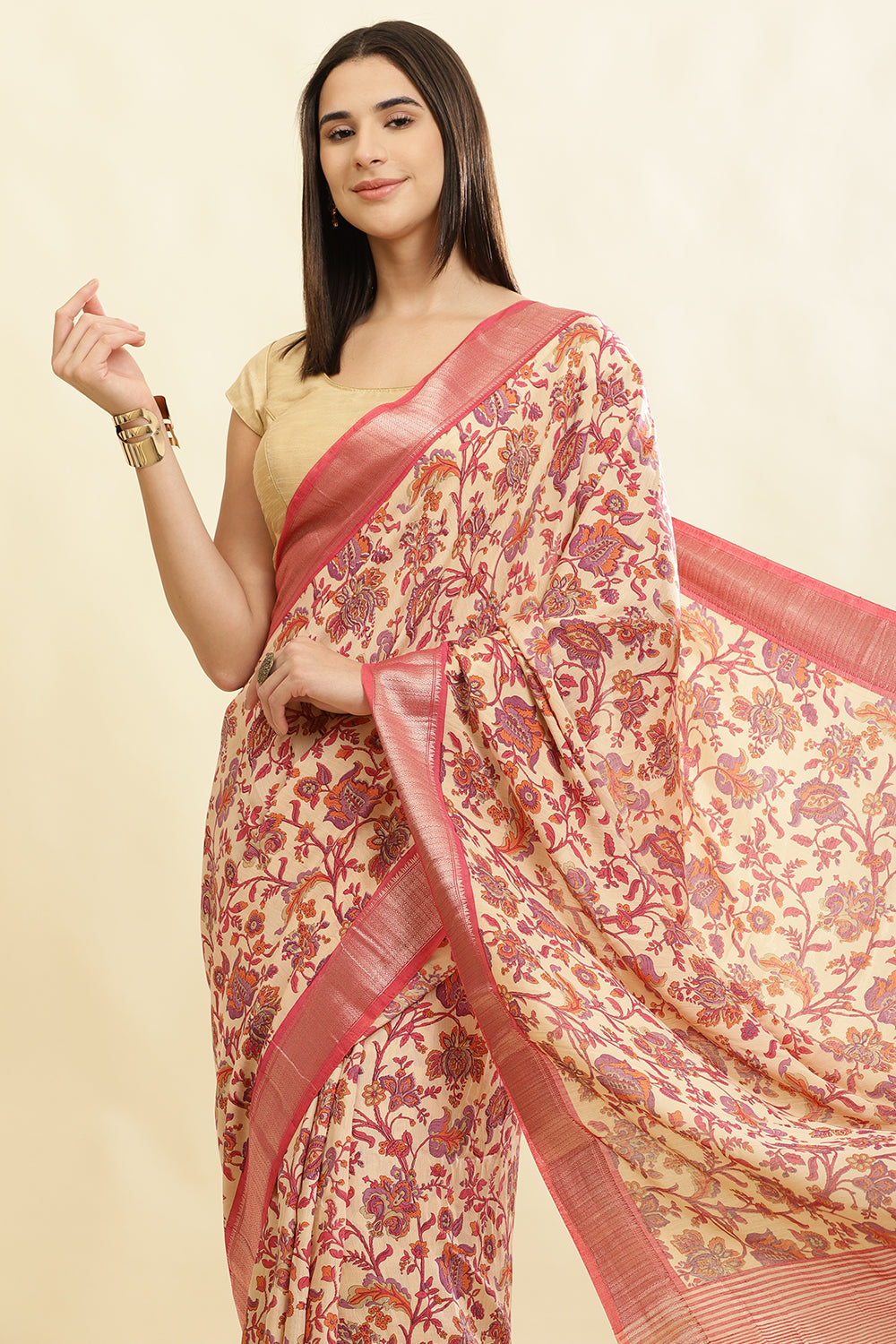 Beige & Pink Cotton Silk Floral Printed Saree