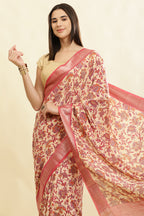Beige & Pink Cotton Silk Floral Printed Saree