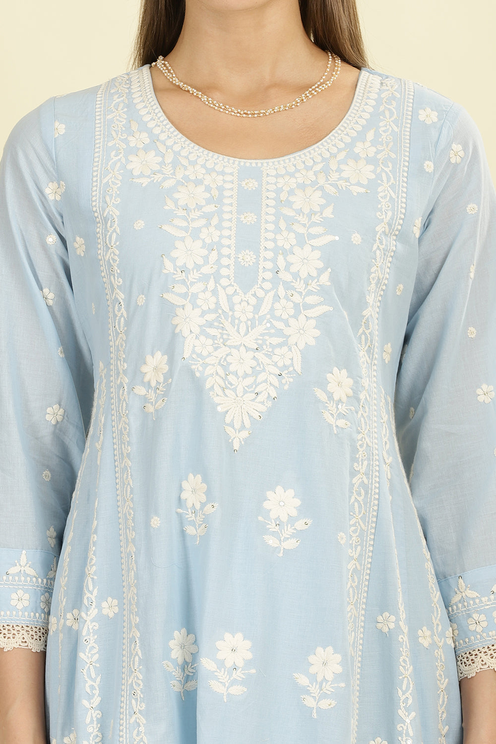 Light Blue Cotton Resham Floral Embroidered Anarkali Suit Set