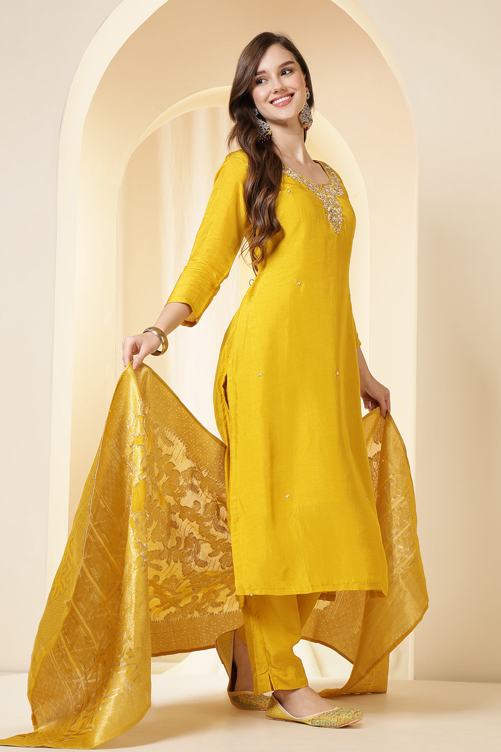 Mustard Color Silk Neck Embroidered Suit Set