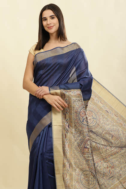 Navy Color Cotton Silk Madhubani Print Saree