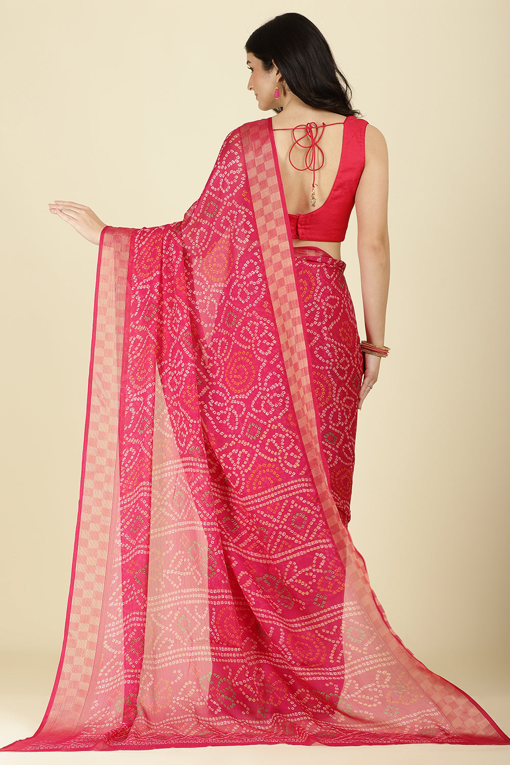 Magenta Pink Color Chiffon Bandhani Printed Saree