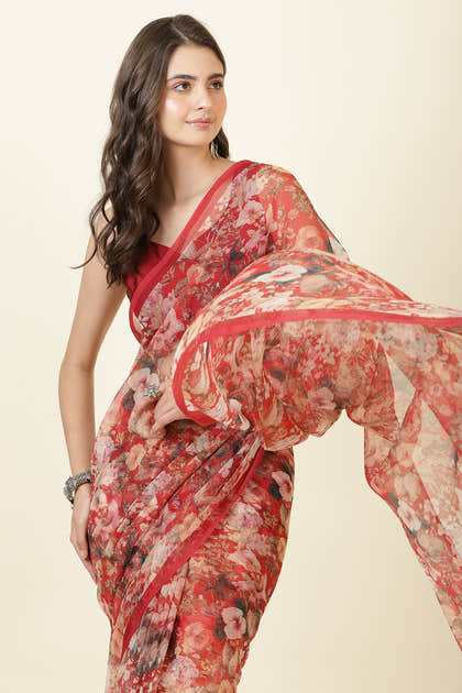 Red Floral Printed Chiffon Saree