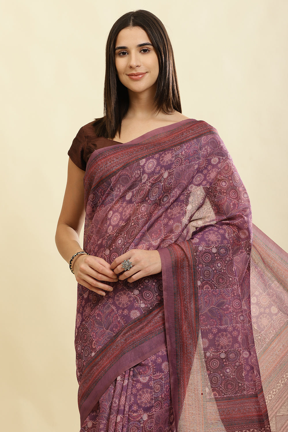 Dusky Purple Cotton Silk Printed Saree