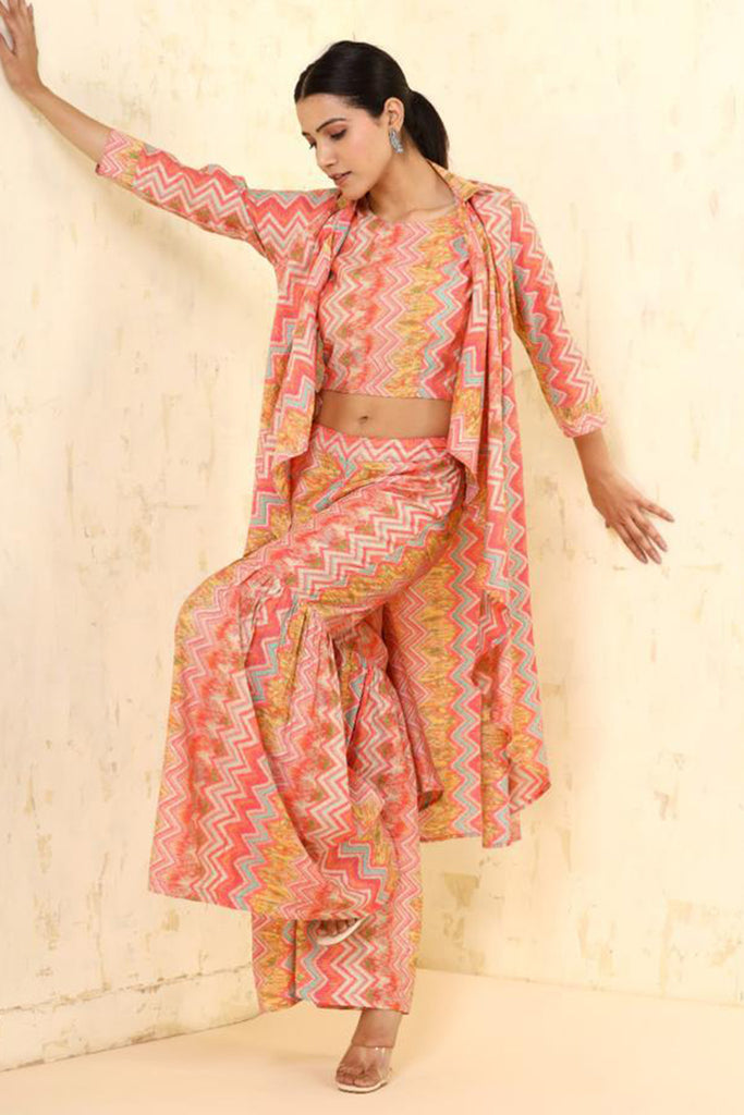 Multi-Colour Muslin Printed Crop-Top Kurta and Gharara Set With Shrugs