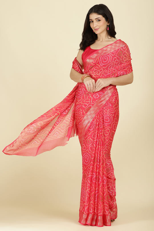 Fuchsia Pink Colour Chiffon Bandhani Printed Saree