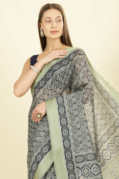 Navy Ajrakh Block Printed Cotton Saree