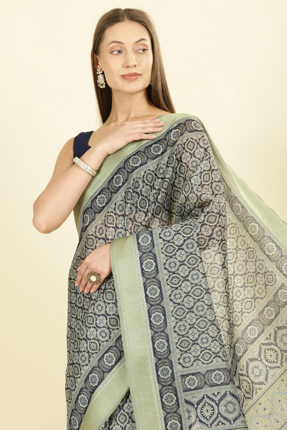 Navy Ajrakh Block Printed Cotton Saree