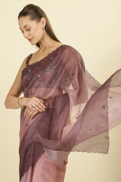 Ombre Dusty Rose Organza Saree With Mirror Work