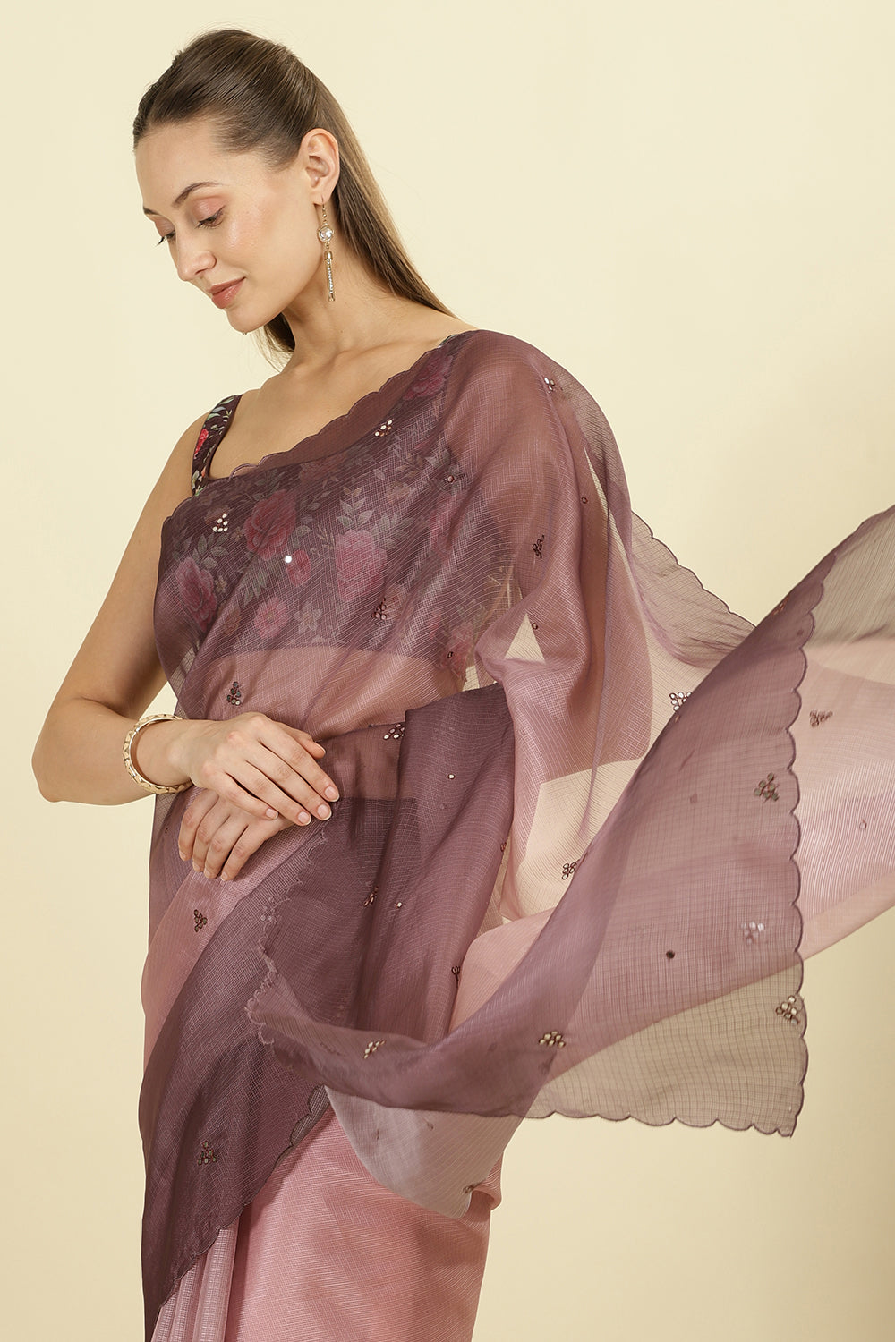Ombre Dusty Rose Organza Saree With Mirror Work