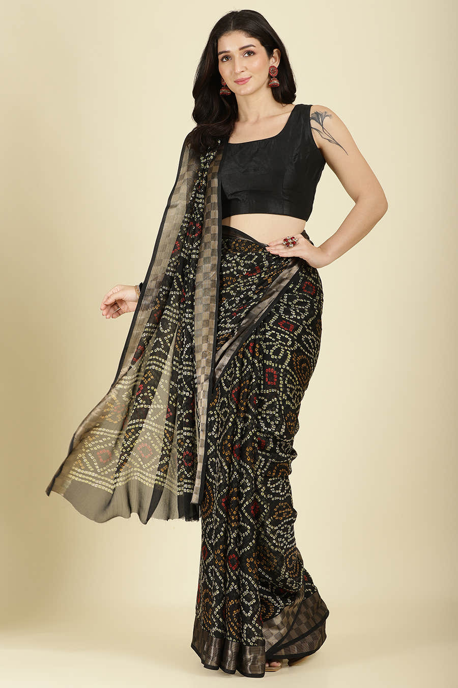 Black Color Chiffon Bandhani Printed Saree