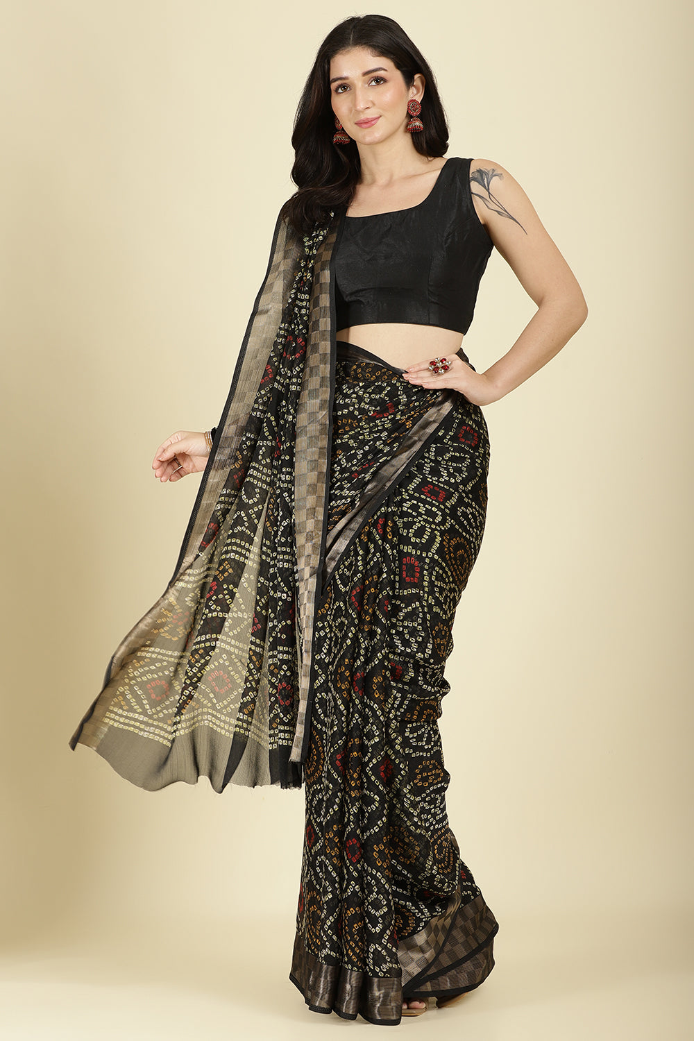Black Color Chiffon Bandhani Printed Saree