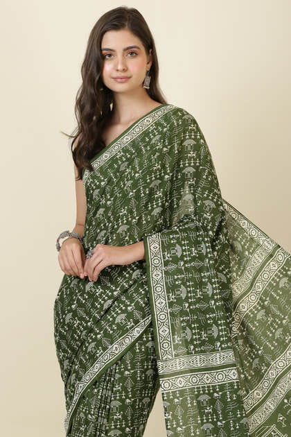 Green Cotton Dhabu Printed Saree