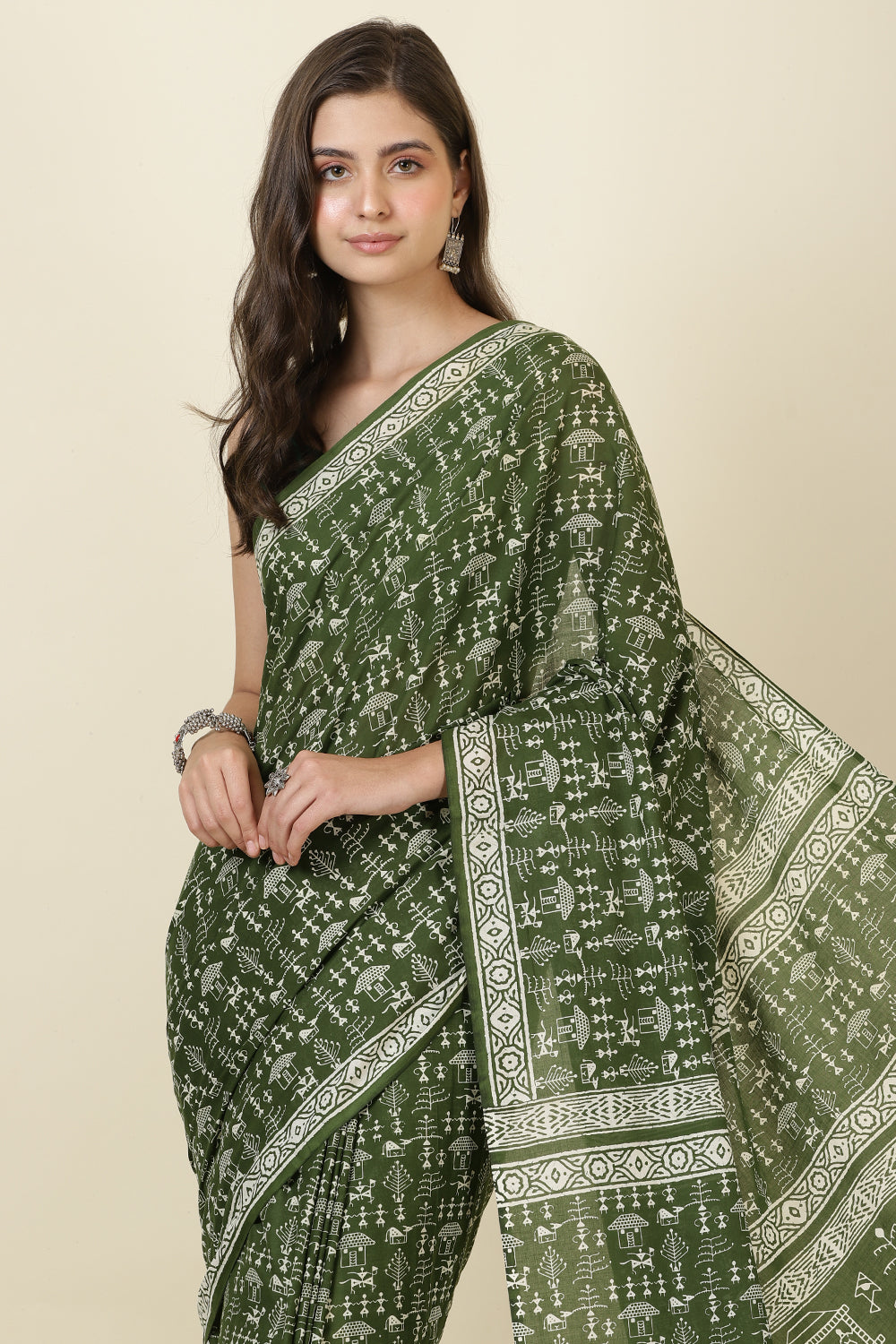 Green Cotton Dhabu Printed Saree