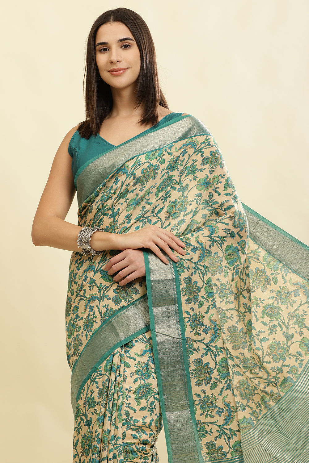 Beige & Teal Cotton Silk Floral Printed Saree
