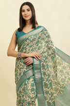 Beige & Teal Cotton Silk Floral Printed Saree