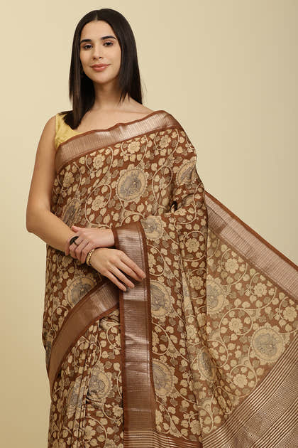 Brown Floral Printed & Zari Border Cotton Silk Saree