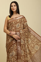 Brown Floral Printed & Zari Border Cotton Silk Saree