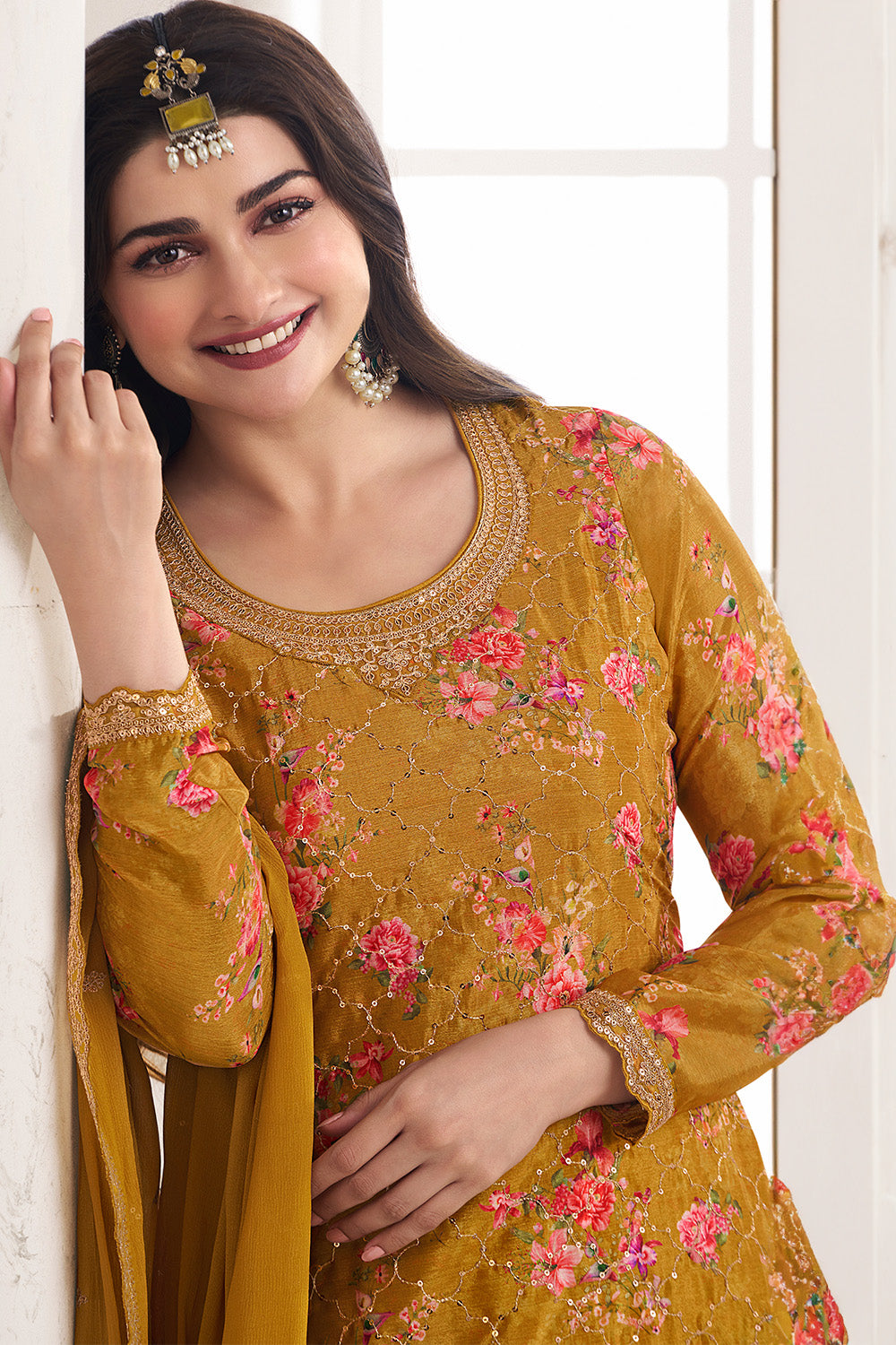 Mustard Color Printed Crepe Unstitched Suit Material With Stitched Palazzo