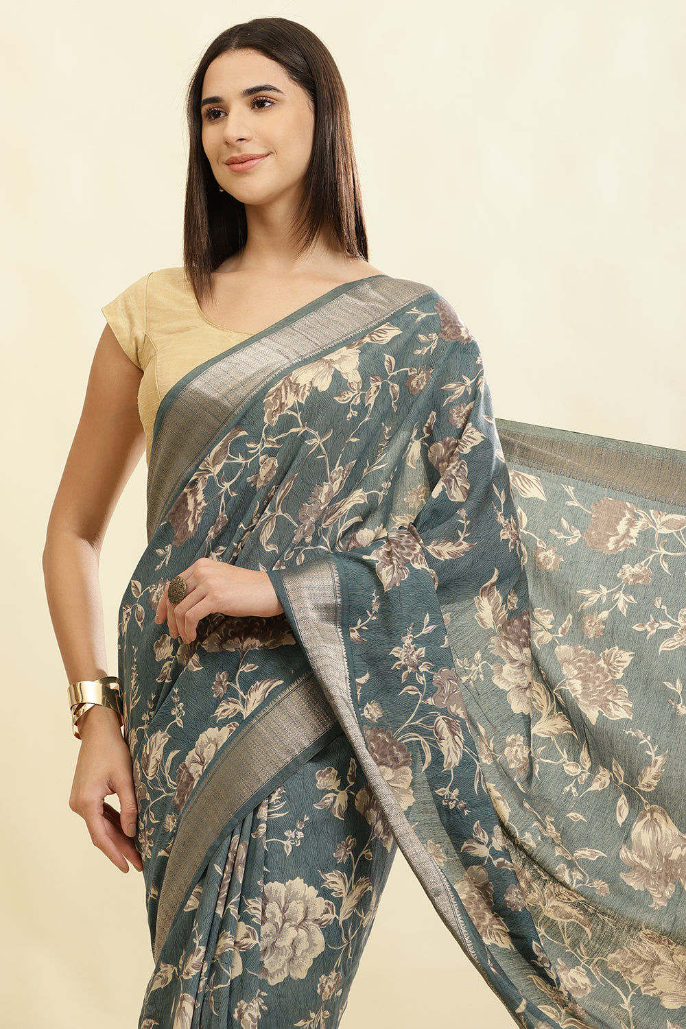 Sea Green Cotton Silk Floral Printed & Zari Border Saree