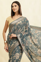 Sea Green Cotton Silk Floral Printed & Zari Border Saree
