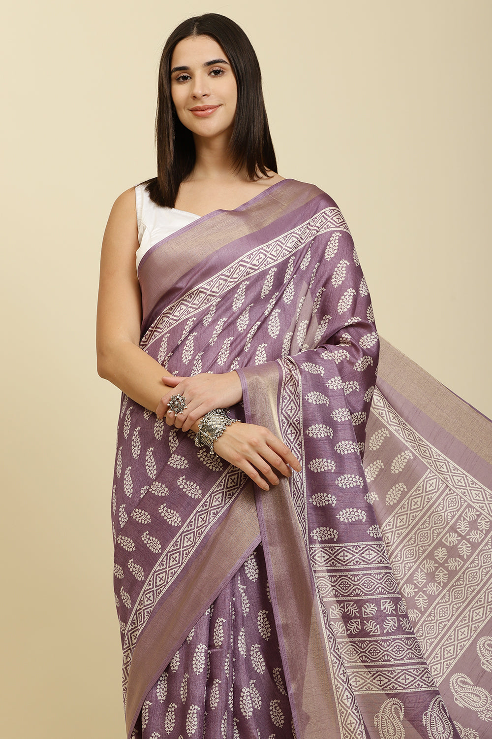 Purple Color Cotton Silk Boota Printed And Zari Woven Saree