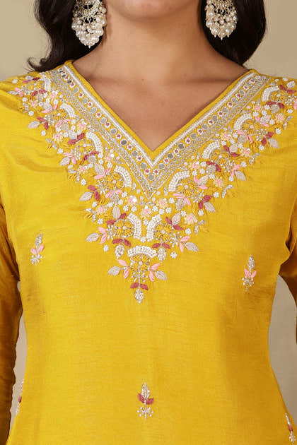 Mustard Neck Embroidered Silk Suit