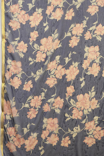 Navy Chiffon Floral Zari Border & Floral Printed Saree