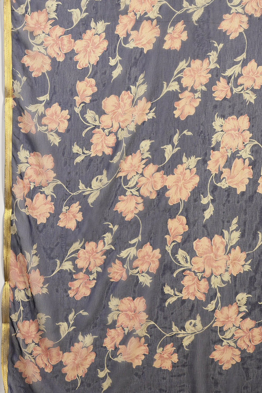 Navy Chiffon Floral Zari Border & Floral Printed Saree