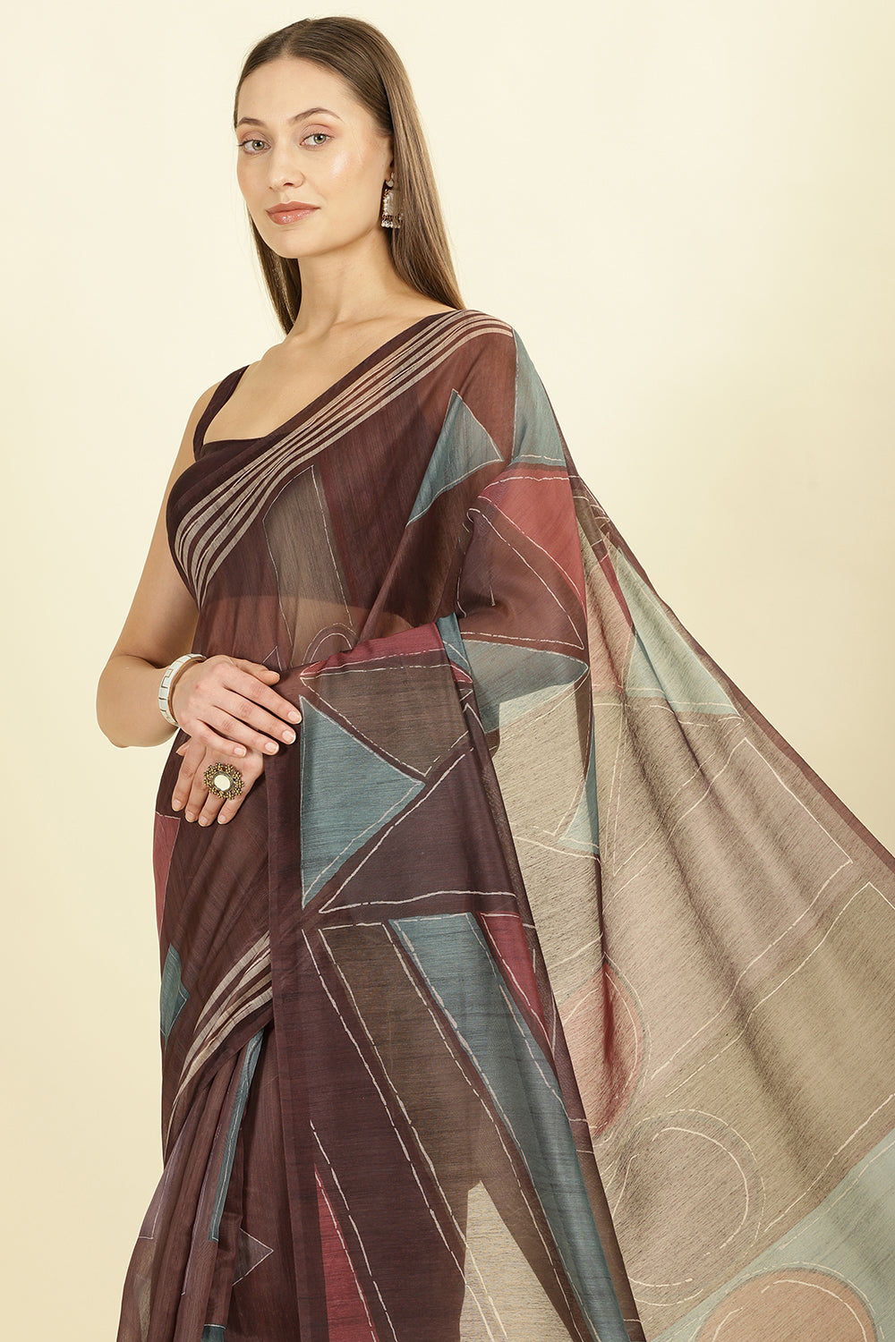 Brown Organza Cotton Printed Saree