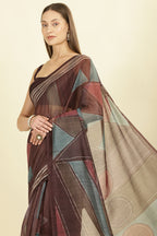 Brown Organza Cotton Printed Saree