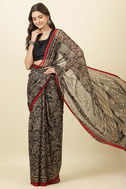 Black  Chiffon Floral Printed Saree