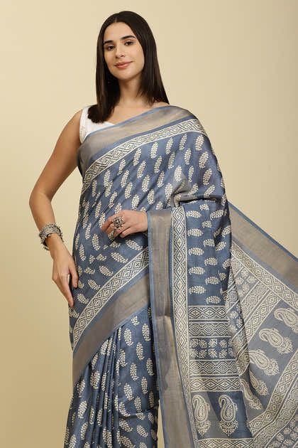 Blue Color Cotton Silk Boota Printed And Zari Woven Saree