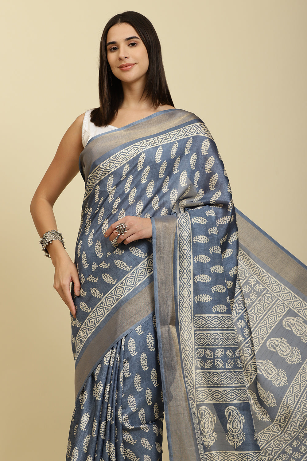 Blue Color Cotton Silk Boota Printed And Zari Woven Saree