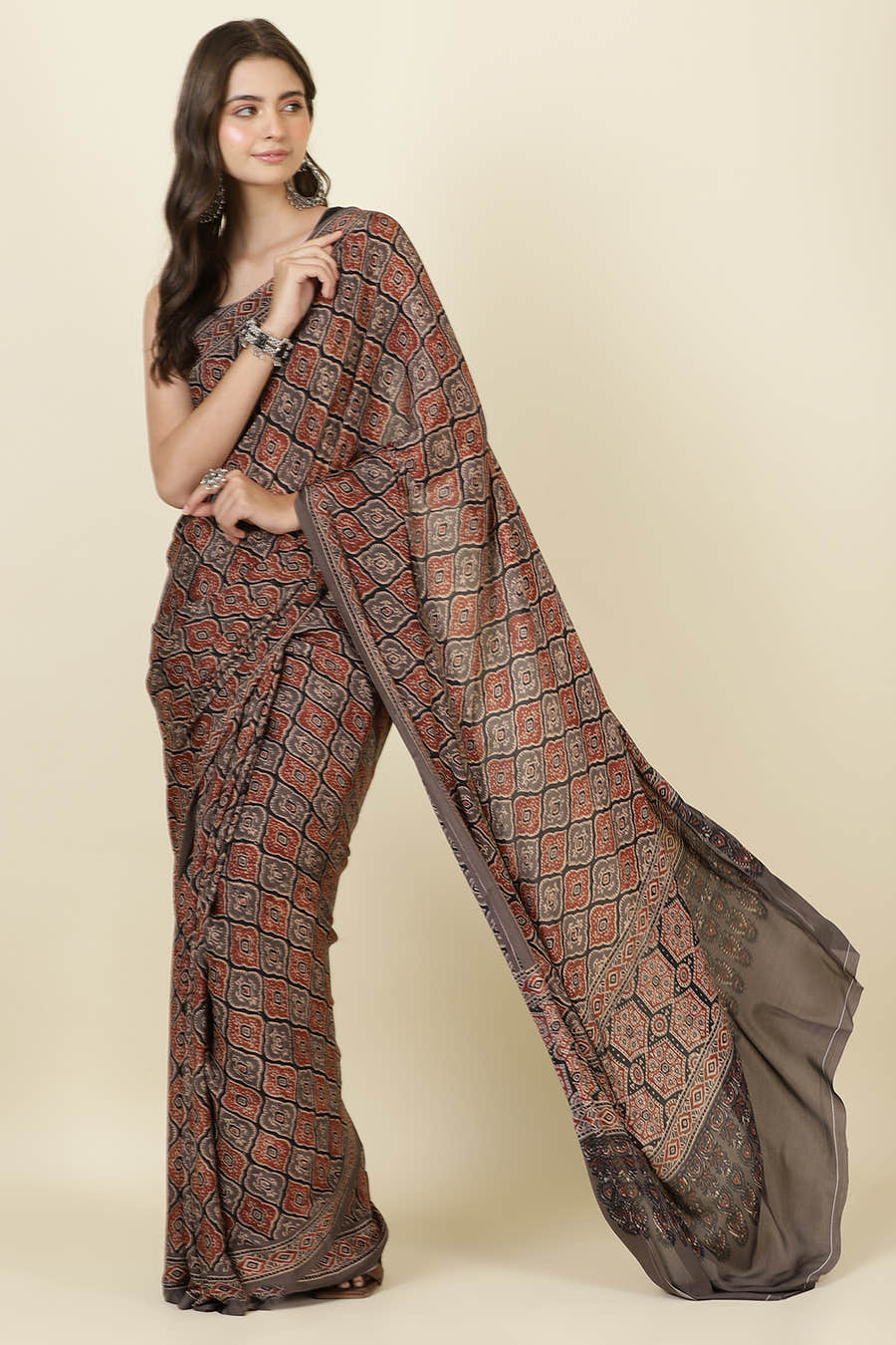 Brown Crepe Printed Saree