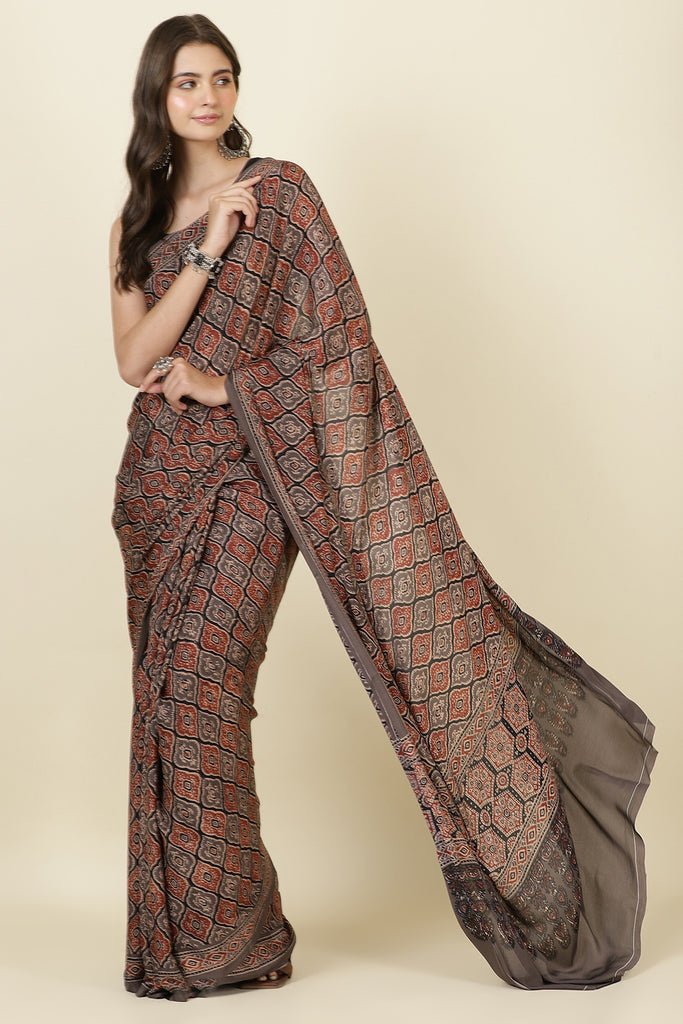 Brown Crepe Printed Saree