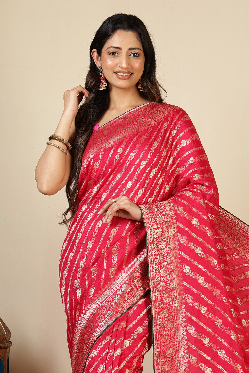 Rani Color Banarasi Woven Tussar Silk Saree