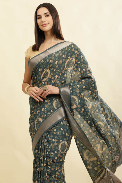 Blue Floral Printed & Zari Border Cotton Silk Saree