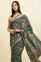 Blue Floral Printed & Zari Border Cotton Silk Saree