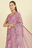 Muted Pink Organza Floral Printed And Lace Work Saree