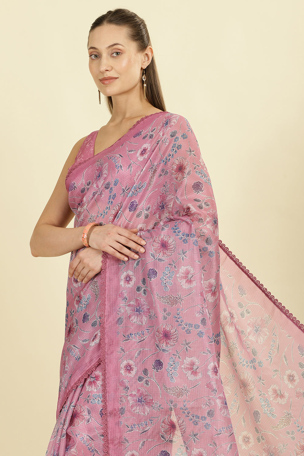Muted Pink Organza Floral Printed And Lace Work Saree