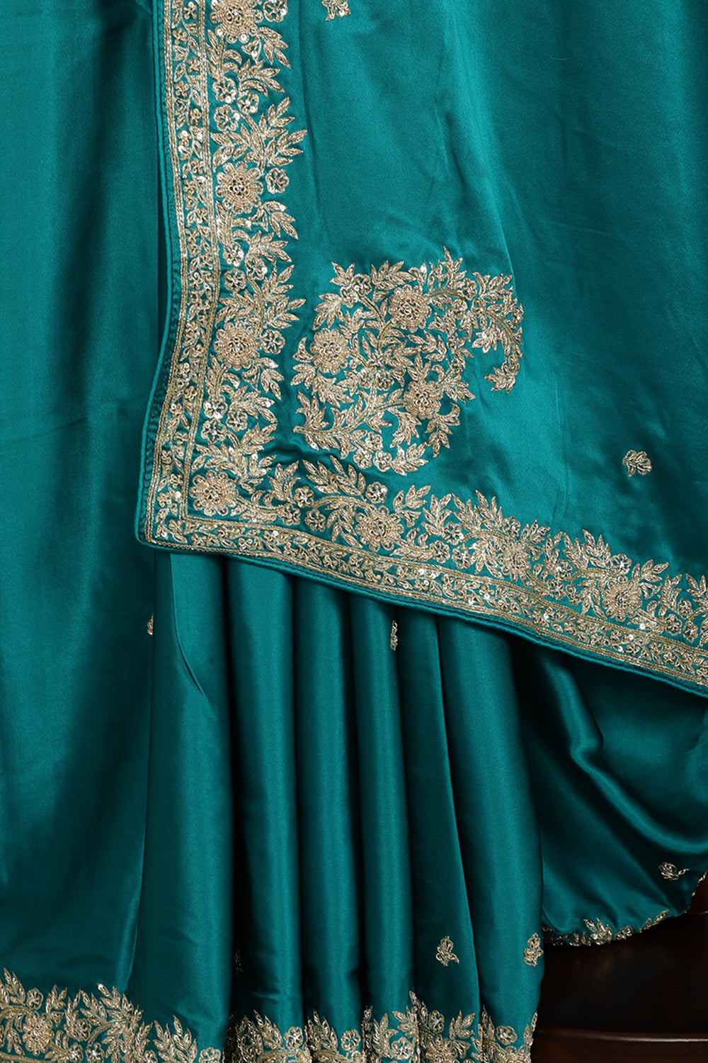 Firozi Colr Pure Satin Crepe Saree with Zardozi Handwork