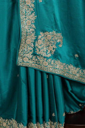 Firozi Colr Pure Satin Crepe Saree with Zardozi Handwork