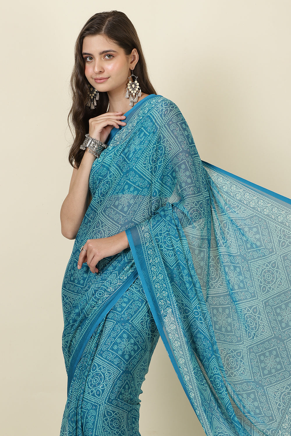 Teal Blue Georgette Bandhani Printed Saree
