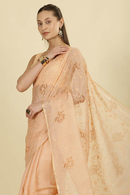 Light Peach Floral Resham Embroidered Cotton Saree