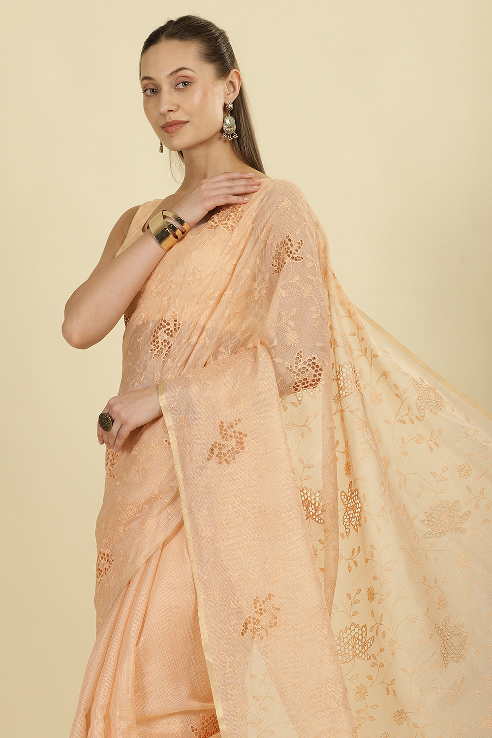 Light Peach Floral Resham Embroidered Cotton Saree